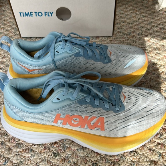 Hoka Bondi 8 Sky Blue and Sunburst Yellow Sneakers - Picture 3 of 5